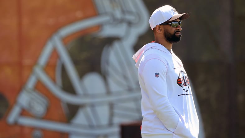 Andrew Berry watches practice during Browns rookie minicamp in Berea.