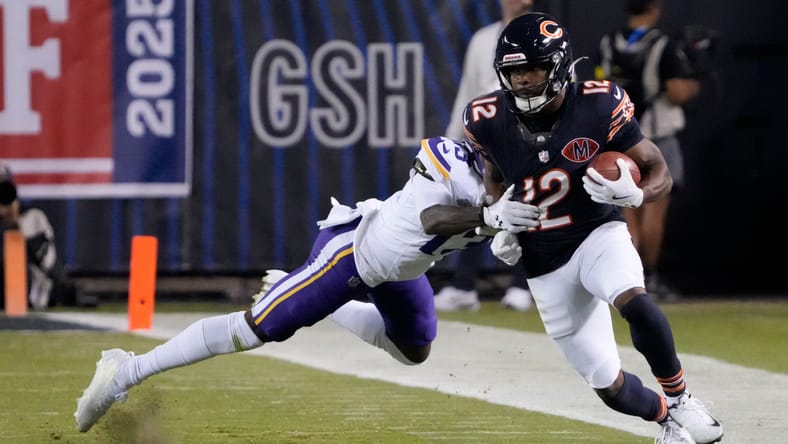 Devin Duvernay catches a pass against the Vikings at Soldier Field.