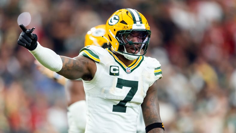 Packers linebacker Quay Walker lines up on defense against the Arizona Cardinals.