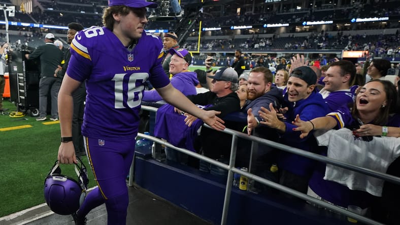 Vikings kicker Will Reichard celebrates with fans at AT&T Stadium after a win in Dallas. Will Reichard All-Pro.