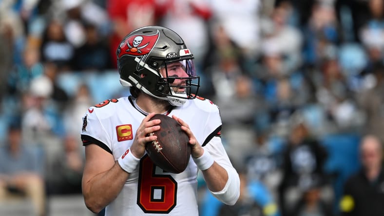 Baker Mayfield preparing to throw for Buccaneers at Bank of America Stadium