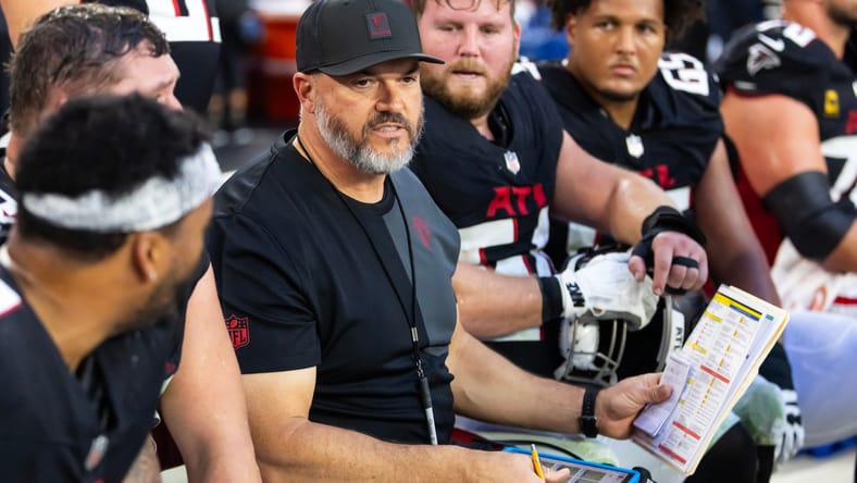 Falcons offensive line coach Dwayne Ledford on the sideline at State Farm Stadium