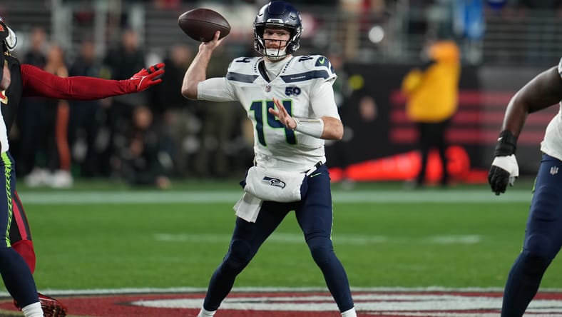 Seahawks quarterback Sam Darnold drops back to pass against the 49ers at Levi’s Stadium. Sam Darnold Vikings decision