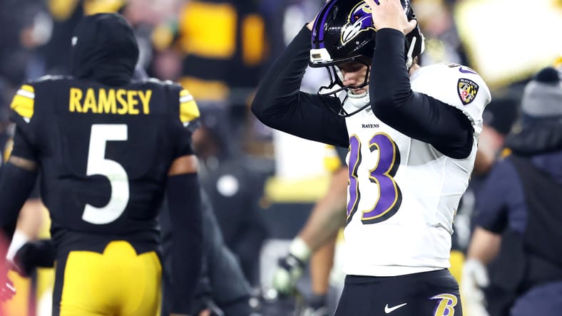 Tyler Loop reacts after missing a potential game-winning kick at Acrisure Stadium. Vikings 2026 draft pick.