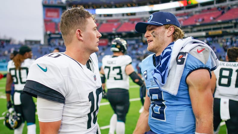 Will Levis and Mac Jones talking after a game at Nissan Stadium. Vikings QB Acquisition Options.