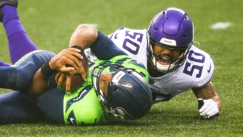 Eric Wilson sacks Russell Wilson during a Vikings-Seahawks game at CenturyLink Field. Vikings under the radar free agent.