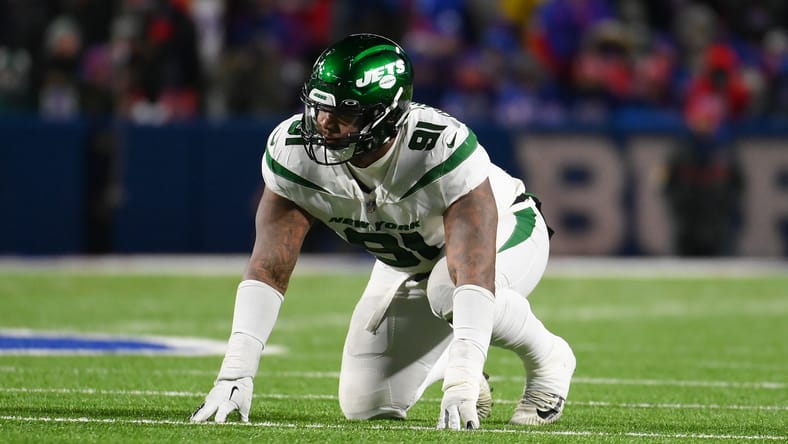 John Franklin-Myers lines up on defense for the Jets against the Bills at Highmark Stadium.