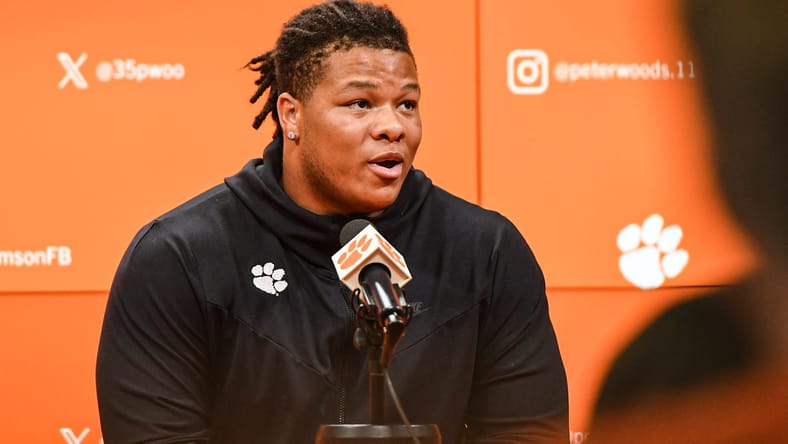 Clemson defender Peter Woods speaks at a preseason press conference. Minnesota Vikings mock draft 2026.