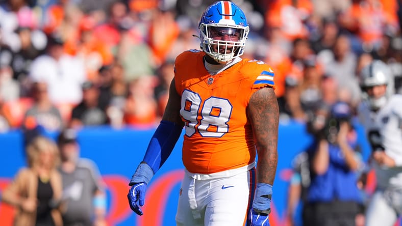 John Franklin-Myers reacts after a defensive stop against the Raiders. John Franklin-Myers Vikings rumor.