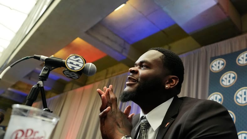 Caleb Banks answers questions at SEC Media Days in Atlanta. CBS Sports mock draft Vikings