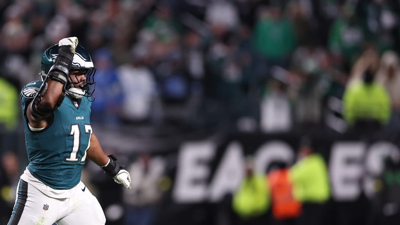 Nakobe Dean reacts during second half against the Detroit Lions.
