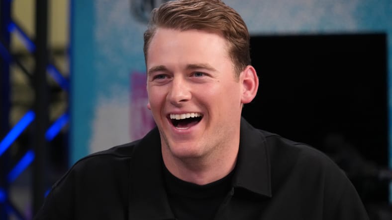 49ers quarterback Mac Jones appears on the NFL Network set at the Super Bowl media center. Vikings rumors Mac Jones.