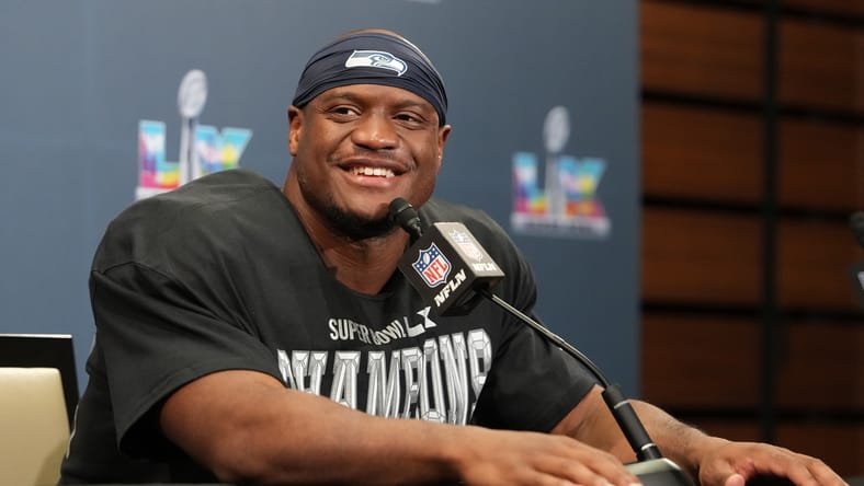 Kenneth Walker III speaks to media after the Seahawks’ Super Bowl win.