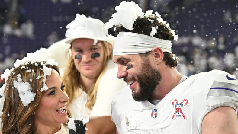 Harrison Smith is interviewed on the field after a game against the Detroit Lions.