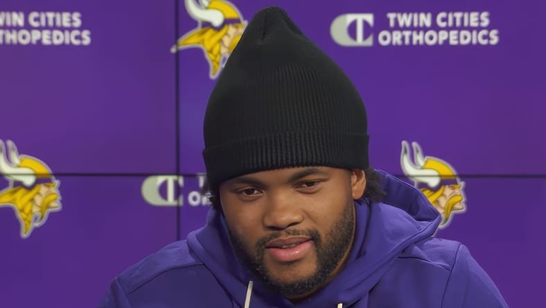 Kyler Murray speaks to reporters in Eagan after signing with the Minnesota Vikings during 2026 free agency.
