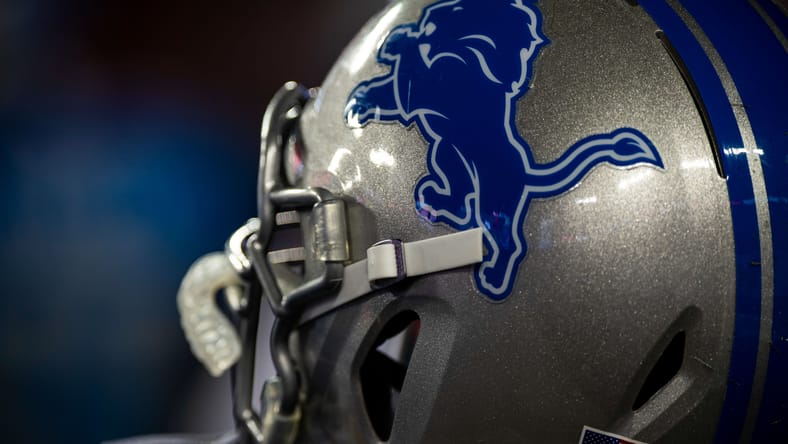 A Detroit Lions helmet in the preseason of 2018 at Tampa Bay
