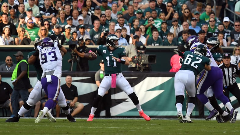Eagles QB Carson Wentz in 2018 against the Vikings