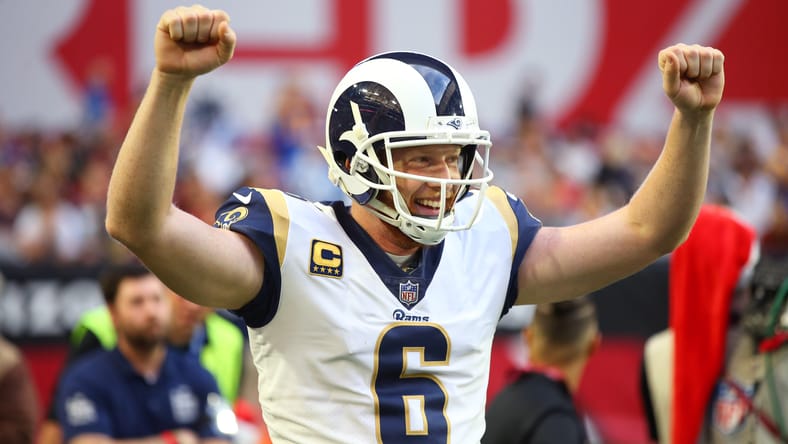 Johnny Hekker celebrates during a Rams game against the Cardinals at State Farm Stadium. new Vikings players 2026