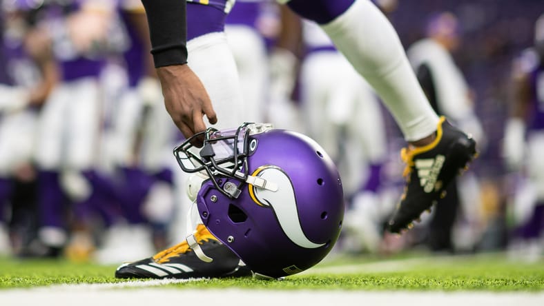 A Vikings helmet before the Vikings game against the Chicago Bears at U.S. Bank Stadium.