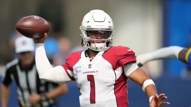 Kyler Murray throws a pass during a Cardinals-Rams game at SoFi Stadium.