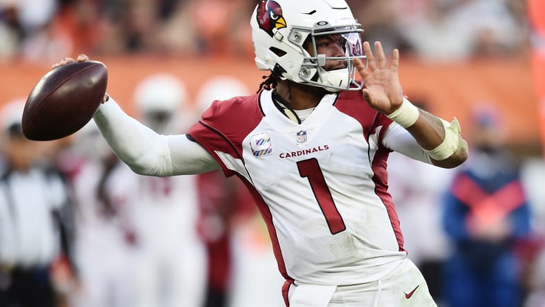 Kyler Murray throws a pass for the Arizona Cardinals during a game against the Cleveland Browns at FirstEnergy Stadium.