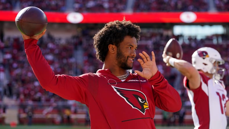 Kyler Murray throws a pass during warmups before a Cardinals-49ers game at Levi’s Stadium. Kyler Murray Released.