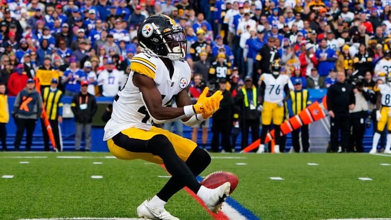 James Pierre fumbling a punt while Bills players close in during a Steelers game