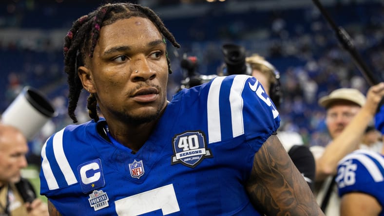 Anthony Richardson leaves the field after a Colts-Jaguars game at Lucas Oil Stadium.