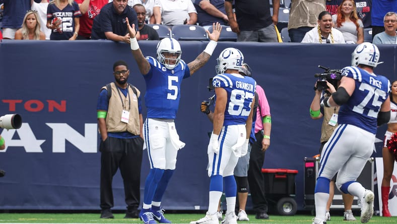 Anthony Richardson celebrates a touchdown during a Colts-Texans game in Houston.