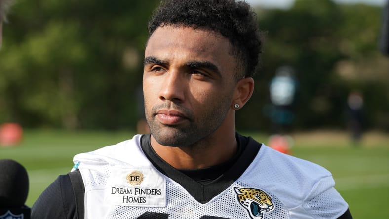 Christian Kirk reacts during Jaguars practice at Hanbury Manor in the UK. Christian Kirk 49ers