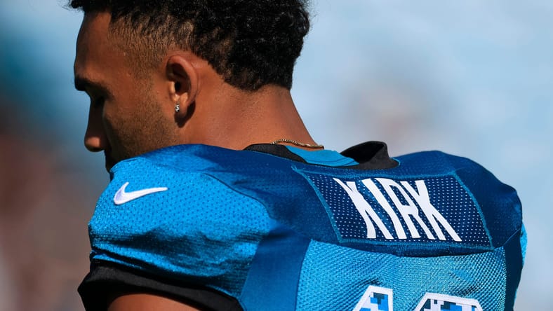 Christian Kirk walks on the field during Jaguars training camp at EverBank Stadium. Christian Kirk 49ers