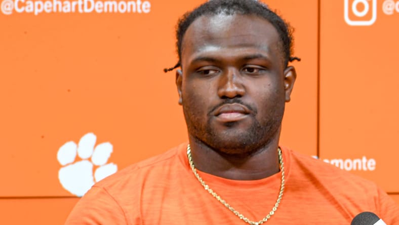 DeMonte Capehart speaks at a press conference at Clemson’s Smart Family Media Center. DeMonte Capehart Vikings.