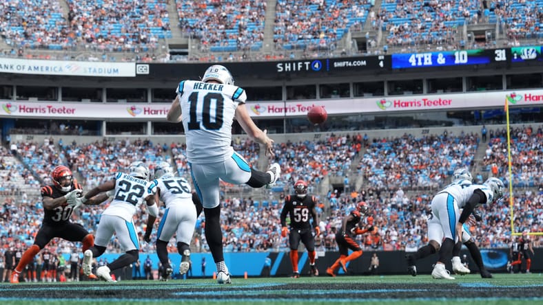 Johnny Hekker punting the ball during a Panthers home game. Vikings Johnny Hekker.