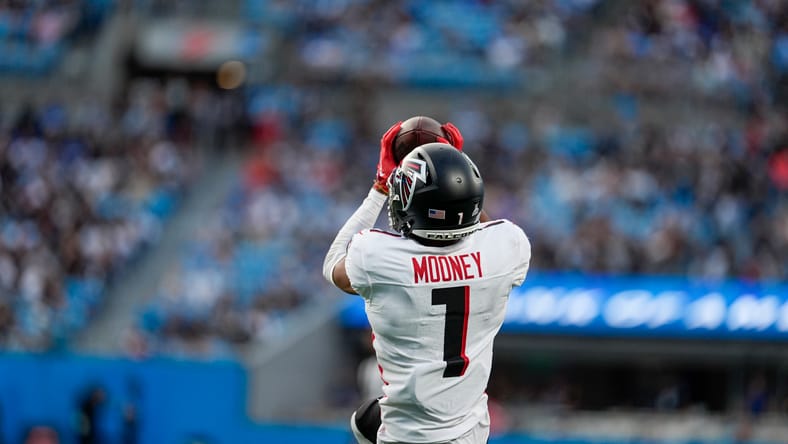 Darnell Mooney makes a catch for the Atlanta Falcons during a game against the Carolina Panthers. Darnell Mooney Vikings WR3.