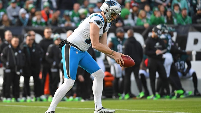 Johnny Hekker standing on the field during Panthers vs Eagles game. Vikings Johnny Hekker