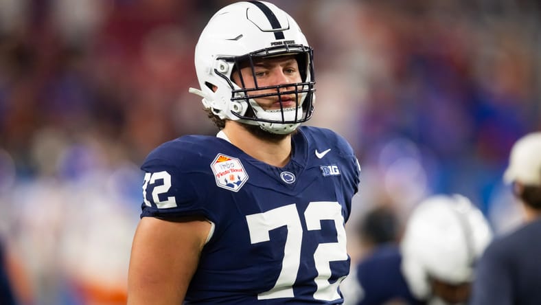 Nolan Rucci lines up on the offensive line during Penn State’s Fiesta Bowl game. Vikings mock draft