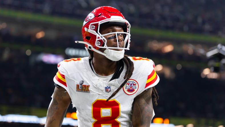 DeAndre Hopkins lines up at wide receiver for the Kansas City Chiefs during Super Bowl LIX against the Philadelphia Eagles.