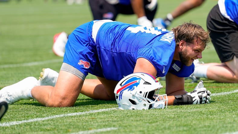 Ryan Van Demark stretching during Bills minicamp practice at Highmark Stadium. Vikings Ryan Van Demark.