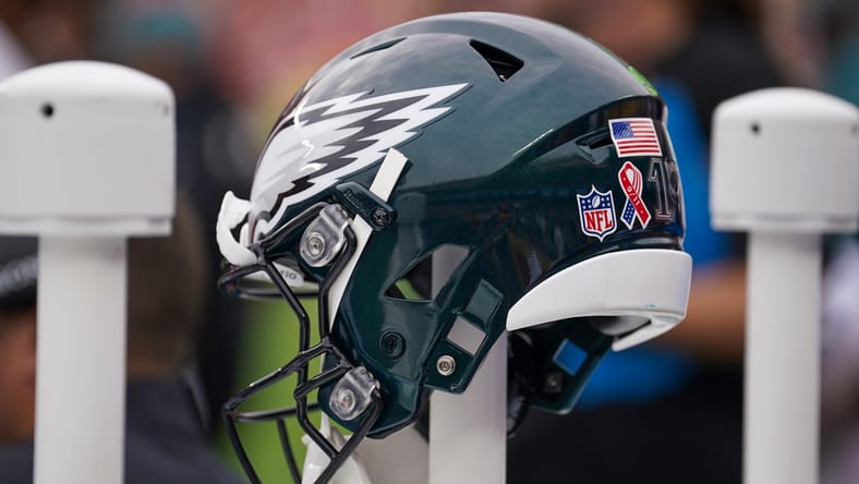 Eagles helmet in 2025 before a game against the Chiefs.