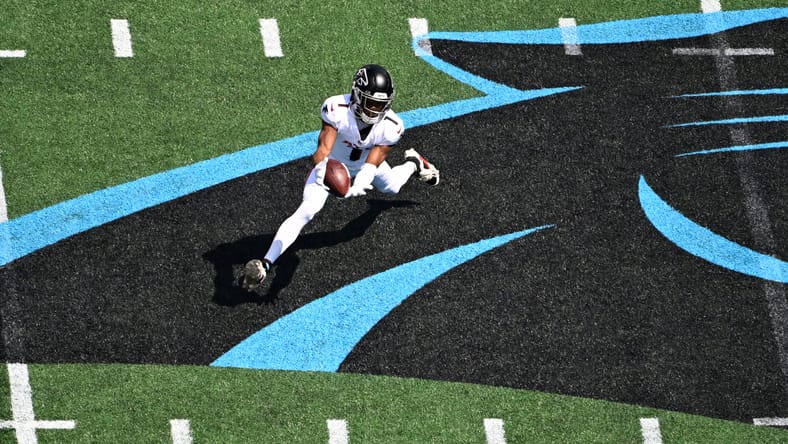 Darnell Mooney attempts to catch a pass for the Atlanta Falcons during a game against the Carolina Panthers.