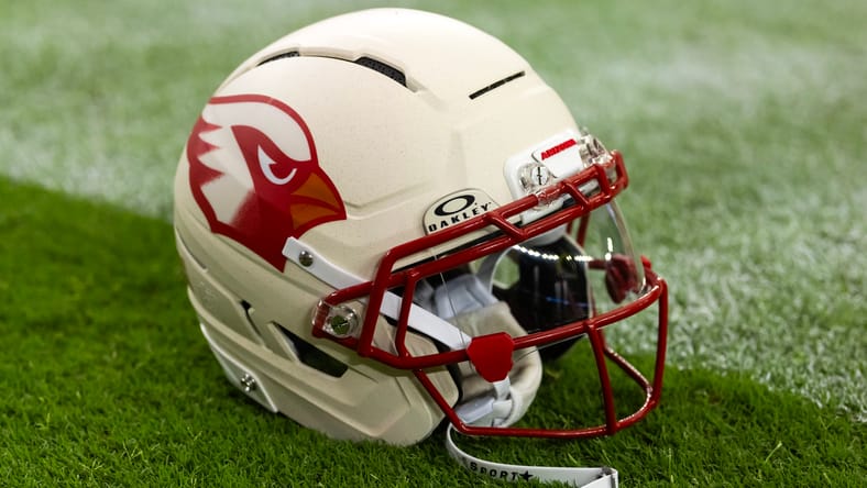 A Cardinals helmet on the field in 2025