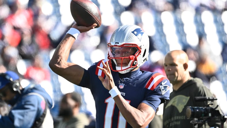 Joshua Dobbs warming up before a Patriots game against the Falcons. Joshua Dobbs Patriots