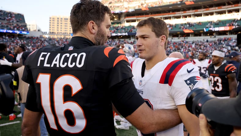 Joe Flacco greets Drake Maye after a game at Paycor Stadium. Joe Flacco Bengals