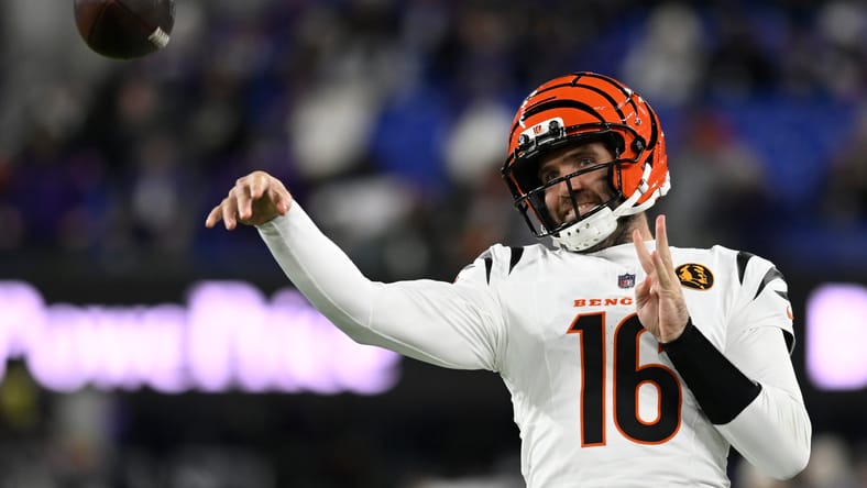 Joe Flacco practices on the field before a game at M&T Bank Stadium. Joe Flacco Bengals