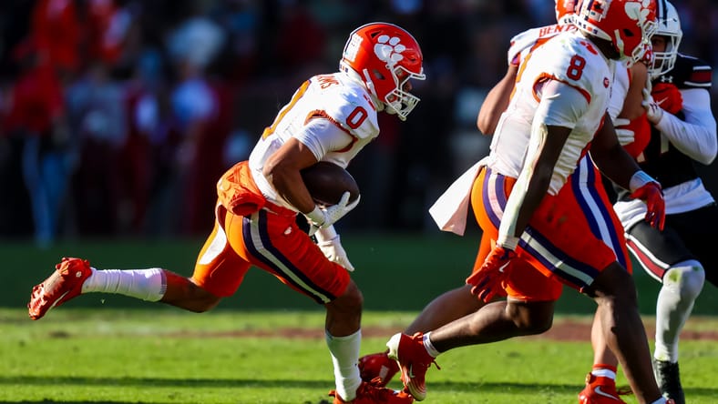 Clemson wide receiver Antonio Williams carries the ball during a game against South Carolina at Williams-Brice Stadium. vikings draft wide receiver 2026