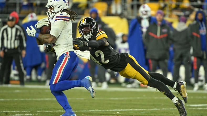 James Pierre tackles James Cook during Steelers vs. Bills game at Acrisure Stadium. Vikings free agency