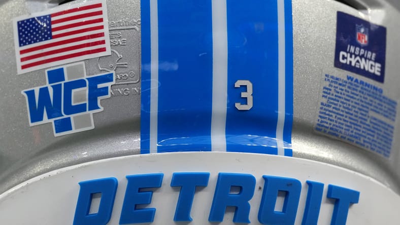 A Lions helmet in 2025 before a game against the Rams