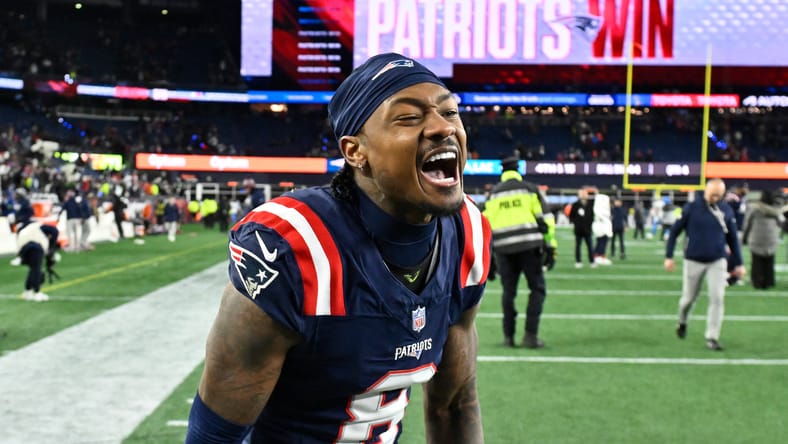 Stefon Diggs reacts after the Patriots defeated the Chargers in an AFC Wild Card game.
