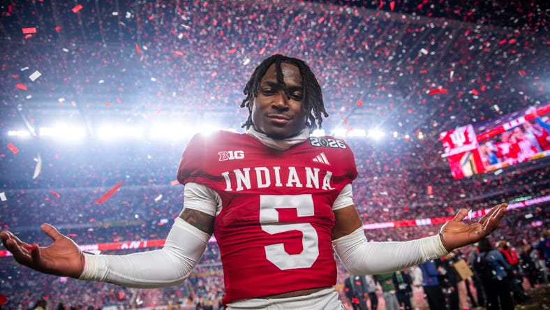 D’Angelo Ponds celebrating during the College Football Playoff National Championship at Hard Rock Stadium. Vikings draft trade with Eagles.