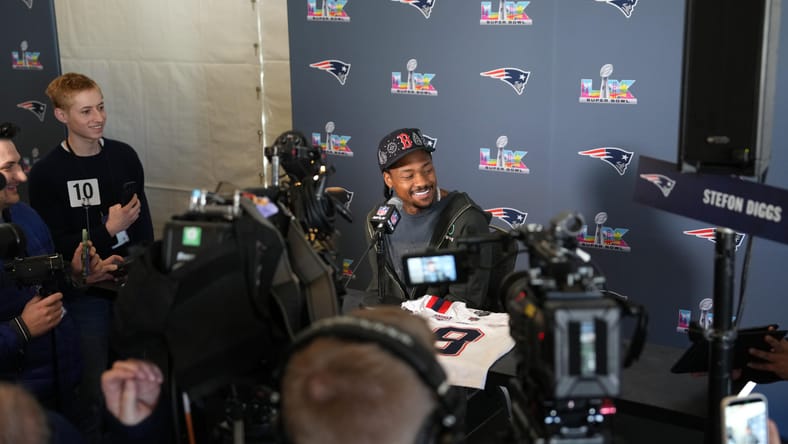 Patriots WR Stefon Diggs at the Super Bowl in 2026